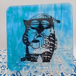 Cat Glass Dish Art Blue Funny Sleepy Tired Feline Grumpy